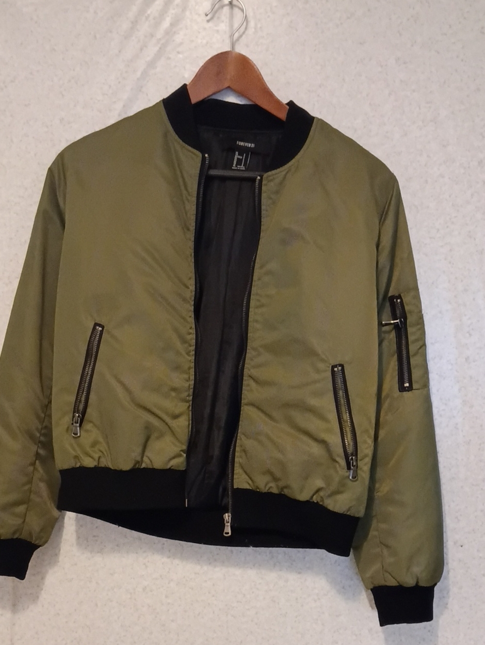 Forever 21 Olive Bomber Jacket with Black Trim